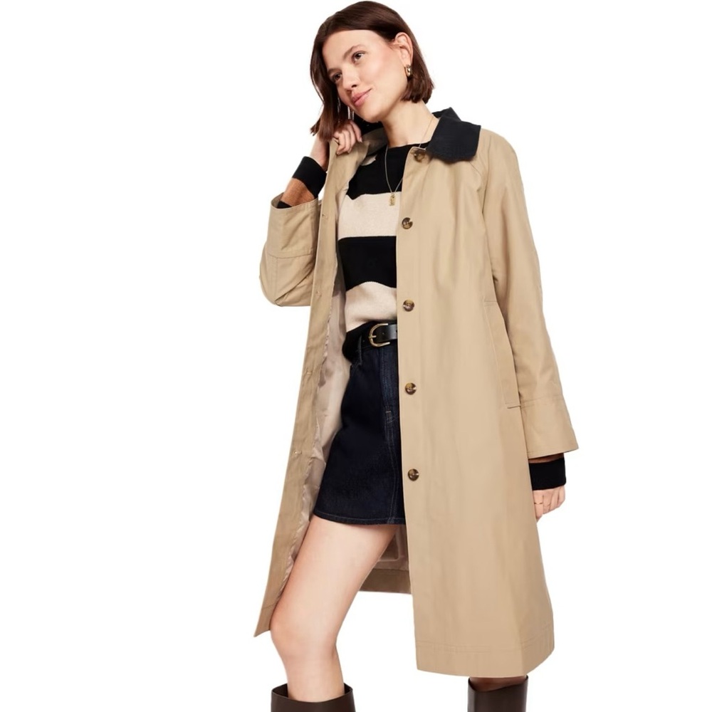 Old Navy Tan Trench Coat with Black Collar